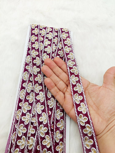Wholesale Wine Red Net Lace Floral Embroidery & Glitter Gold Sequins, Indian Wedding Border, Gifting Ribbon Costume Trim Fashion Trimming
